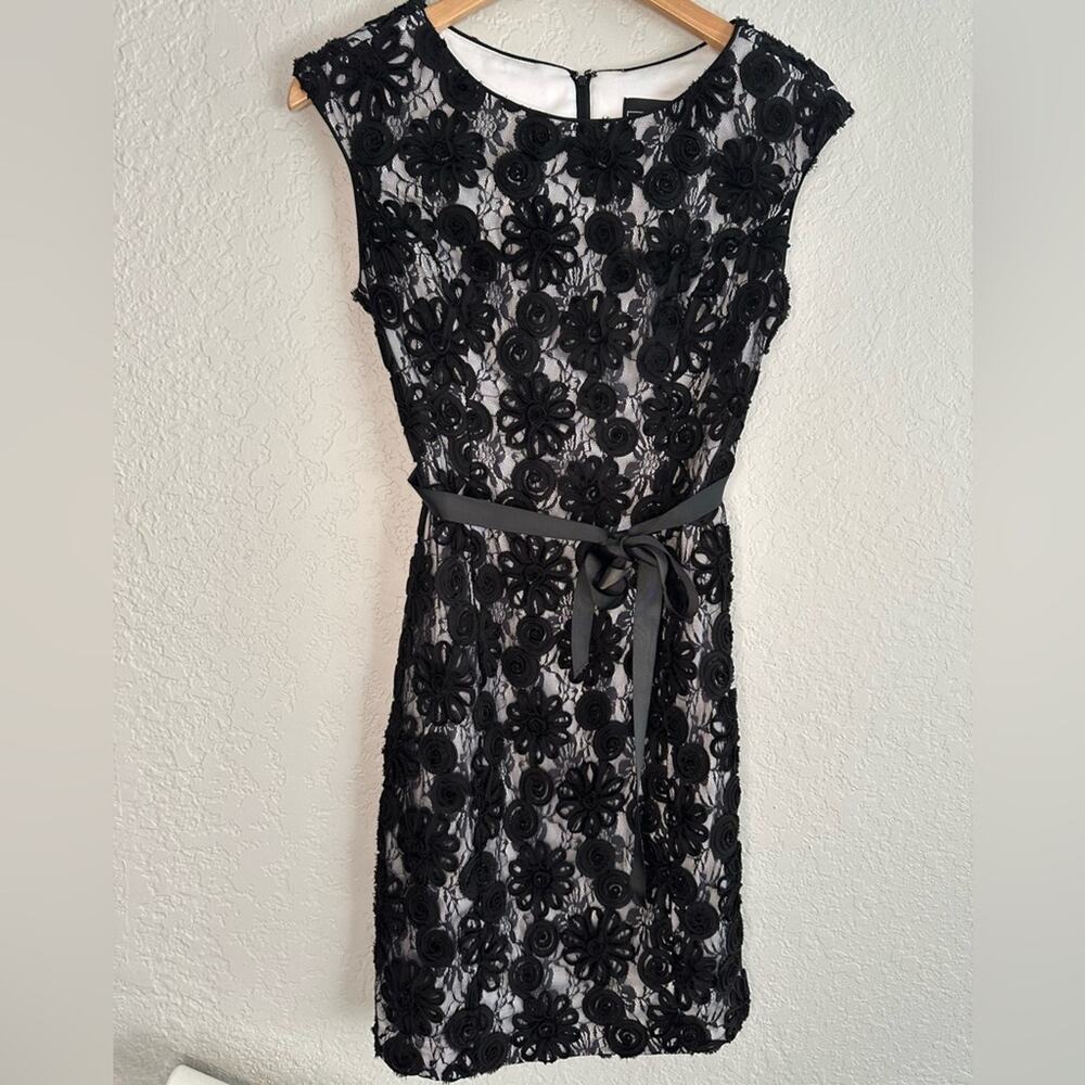 Alex Evenings Black Embellished Goth Cocktail Dress Wedding Ribbon Lace 3D Rose